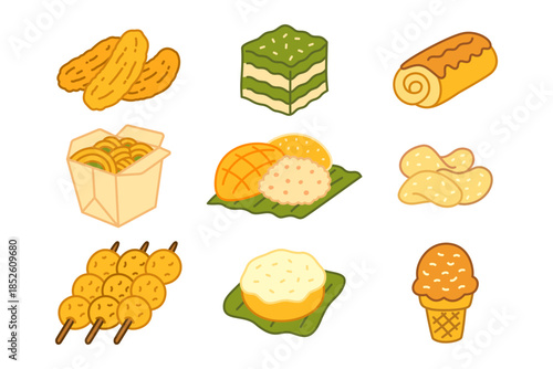 Asian street food and snack with Fried banana, Coconut jelly, Cake roll, Pad Thai noodle, Mango sticky rice, Chips, Fish cakes skewer, Thai pancake, Thai tea ice cream colorful illustration icon set