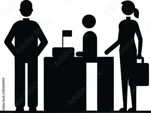 Customer service counter with a male and female customer interacting with a staff member