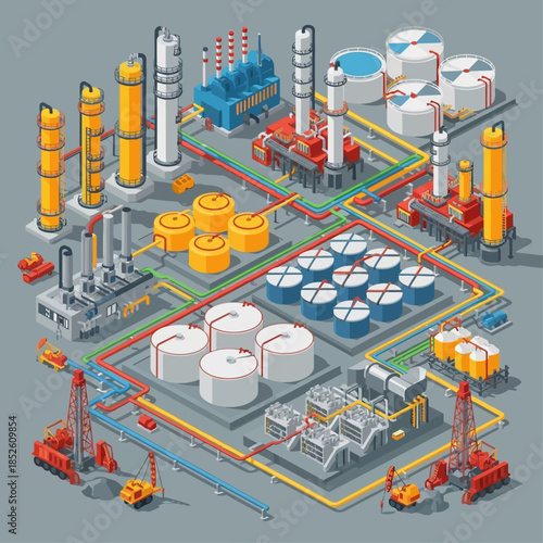 Isometric illustration of a vast industrial complex with oil refinery units, storage tanks, pipelines, and heavy machinery.