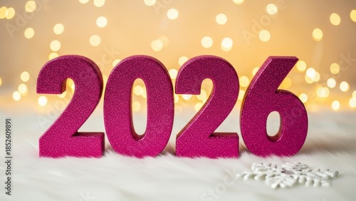 Glittering magenta numbers 2026 standing on white fur with golden bokeh background, representing New Year celebration and the forthcoming year.