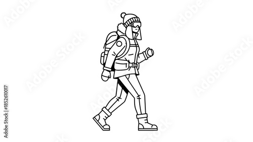Cartoon woman hiking in winter clothes with backpack and orange boots walking outdoors
