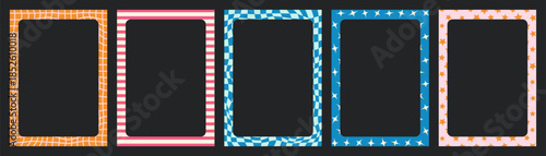 Pack of funky y2k aesthetic border frames with distorted grid and star patterns for trendy poster background