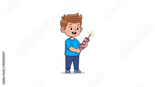 Cartoon boy holding firework sparkler toy with excited happy face expression
