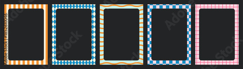 Set of retro geometric border frames with stripe diamond and checkerboard patterns for photo layout design