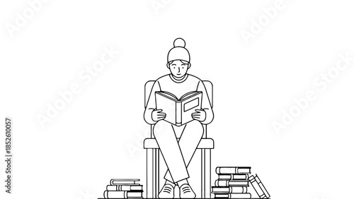 Woman sitting in chair reading book surrounded by stacks of books, cozy reading nook scene