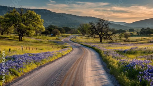 4K Winding country road lined with bluebonnets and green fields leading towards rolling hills at sunset video