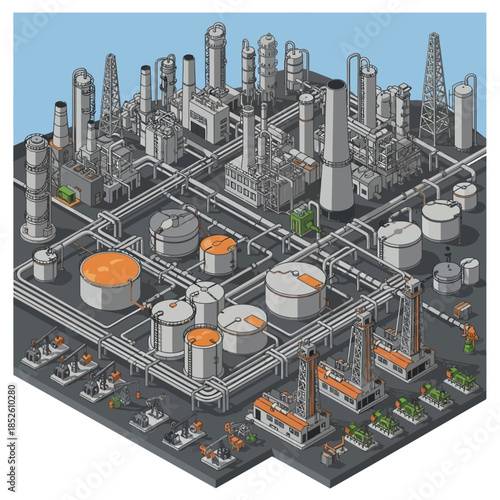 Isometric illustration of a large industrial oil refinery complex with storage tanks and drilling rigs under a blue sky.