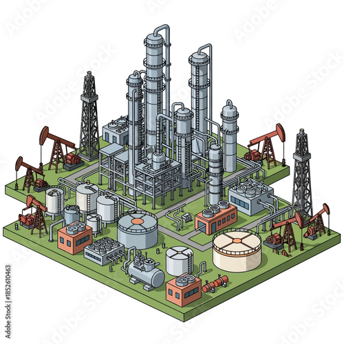 Isometric illustration of a large oil refinery complex with multiple processing units, storage tanks, and oil derricks for energy production.
