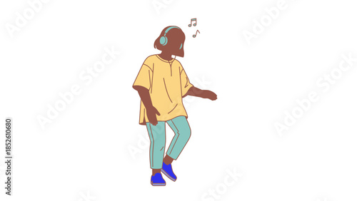 A young woman dancing and listening to music with headphones on, feeling carefree and happy