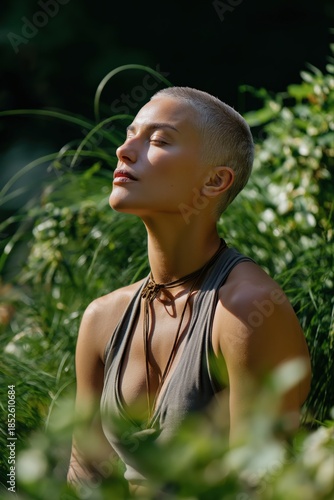 Serene young caucasian female meditating outdoors with eyes closed in sunlight