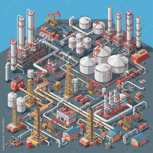 Isometric illustration of a vast oil refinery and petrochemical complex with numerous storage tanks, pipelines, and processing units.