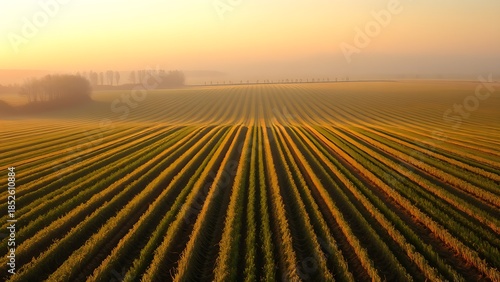 sedition. Early morning farmland with straight furrows under misty golden light. travel magazines, destination branding, designed for travel destination branding, used by ngo communicators.