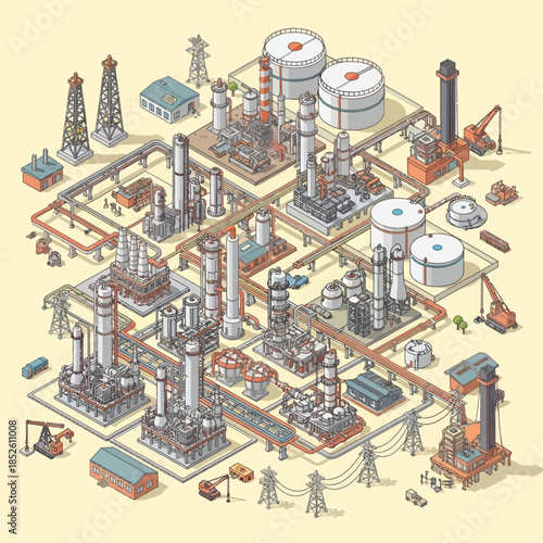 Detailed isometric illustration of a vast industrial oil refinery complex with various processing units.
