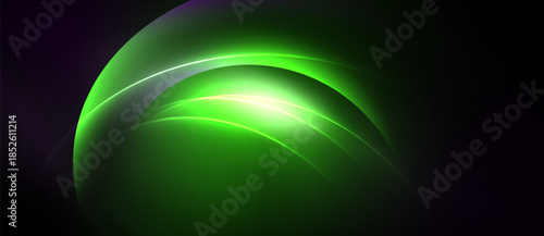 Abstract green glow curves radiate from center. Dark background creates dramatic visual effect. Smooth gradients define shapes.