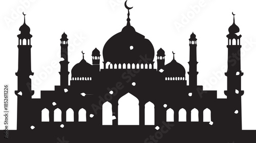 Silhouette of a grand mosque with minarets and domes against a white background
