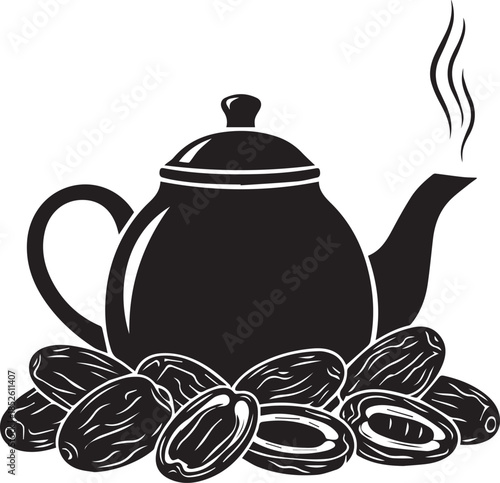 Black teapot with steaming spout surrounded by fresh dates