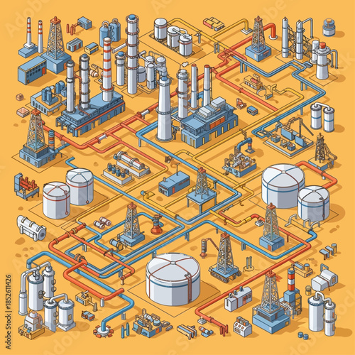 Isometric illustration of a vast oil and gas refinery complex with interconnected pipelines, storage tanks, and various industrial structures on a yellow background.