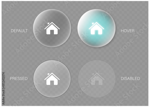 Neumorphic Liquid Glass Button UI States Set on Soft Background with Default, Hover, Pressed and Disabled for Modern App, Web site, User Interface