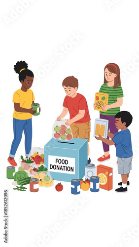 Children collecting and donating food to a box labeled food donation with various food items around them  