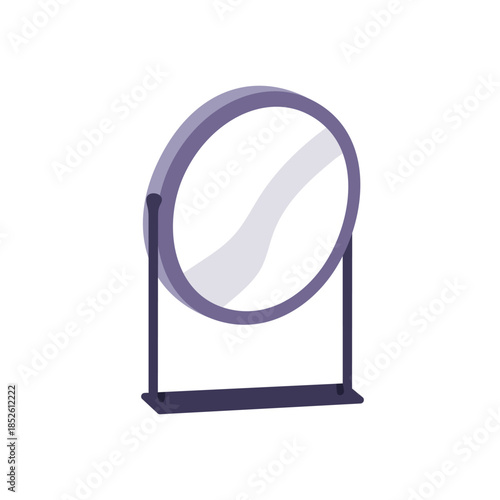 Round tabletop mirror on metal stand. Circle frame, desktop reflection access...