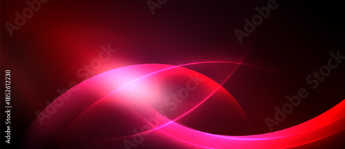 Abstract red curves, bright light source. Smooth gradients create dynamic visual effect. Dark background emphasizes vibrant color.