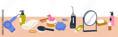 Bathroom hygiene tools, grooming and care accessories, supplies, banner. Horizontal background with mirror, towel, soap, comb, cosmetic bottles, irrigator and kids duck toy. Flat vector illustration
