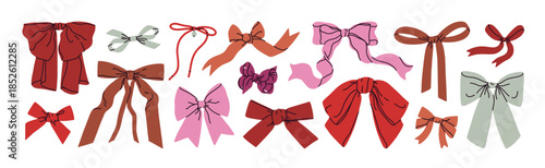 Festive bows and ribbons set. Elegant textile design elements. Feminine coquette accessories and knot tie decorations for hair or holiday gifts. Drawn vector illustrations isolated on white background