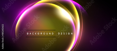 Abstract neon lights form circular shapes. Purple, yellow hues dominate dark background. Text reads background design. Modern, vibrant visual.