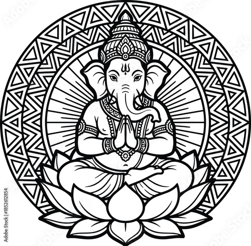 Lord Ganesha mandala line art illustration symbolizing wisdom, prosperity, spirituality, meditation, and Hindu devotion in detailed black and white sacred art style