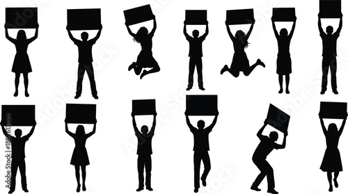 People holding blank signboards silhouettes representing protest, advertising, announcements, social messages, activism, promotion, and communication concept illustration