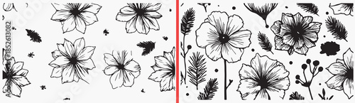 floral line art vector, flower outline clipart, botanical sketch svg, seamless floral illustration, hand drawn flowers, black floral pattern, vintage botanical vector art, flower background design, fl