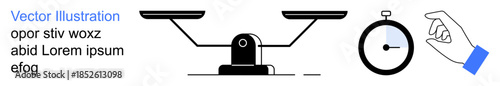 Justice, time management, work-life balance, decision-making, fairness, productivity. A balance scale, stopwatch and hand holding timer elements. Justice and time management