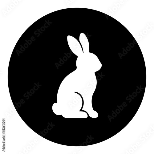 A rabbit symbol in the center. Isolated white symbol in black circle. Illustration on transparent background