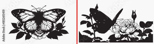 butterfly flower clipart, meadow nature illustration, floral butterfly art, hand drawn insects flowers, garden nature sketches, black white butterfly clipart, printable floral insects, botanical illus