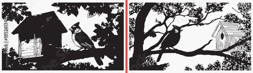 bird house clipart, rustic village illustration, countryside house drawings, bird silhouette art, hand drawn rural scenes, black white house clipart, printable village art, landscape illustration pack