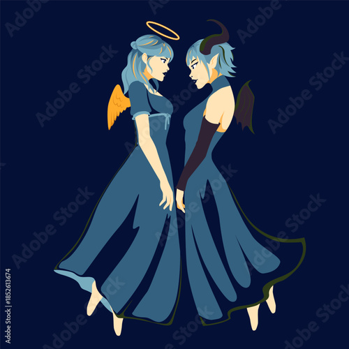 Two girls, an angel and a demon, looking at each other. Gemini zodiac sign. Vector illustration.