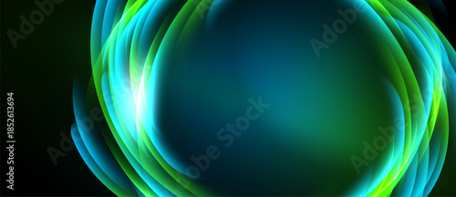 Abstract flowing lines, vibrant green, blue hues. Dynamic composition creates modern visual impact. Smooth gradients suggest energy, movement.