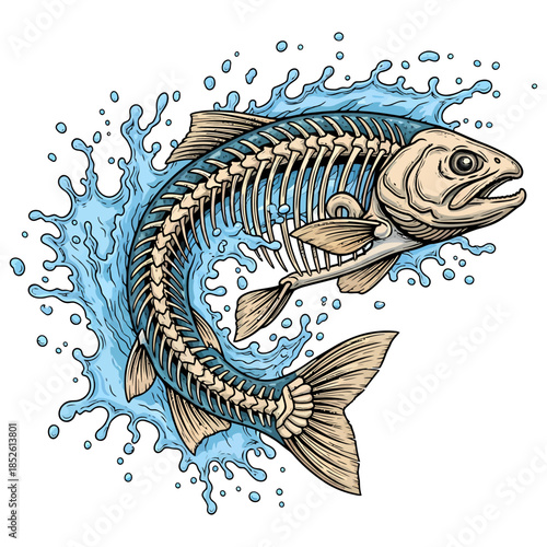 Trout fish skeleton jumping out of blue water splash vector illustration isolated on white