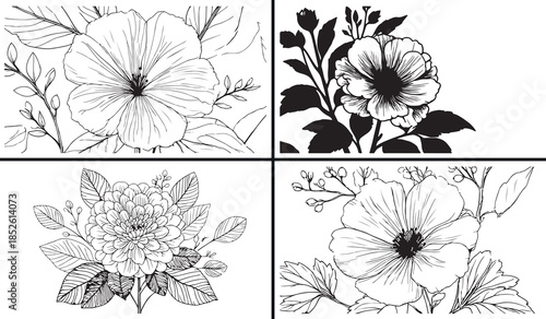 floral line art vector, flower outline illustration, botanical sketch clipart, hand drawn flower svg, minimalist floral drawing, black flower line art, vintage botanical illustration, floral engraving