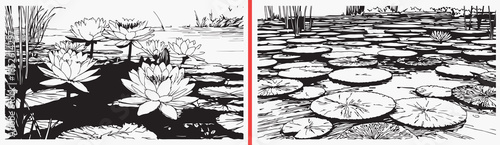 lotus flower illustration vector, water lily pond artwork, zen nature illustration, lotus flower sketch art, calm nature background, japanese style floral art, meditative nature illustration, pond flo