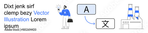 Language translation, industrial innovation, corporate training, education tools, global business, technology integration. Person holding a light bulb, symbols of translation, industrial building