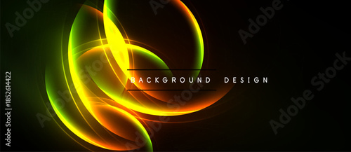 Bright abstract lines form dynamic curves over black background. Vivid yellow, orange, green hues create energy. Modern design element.
