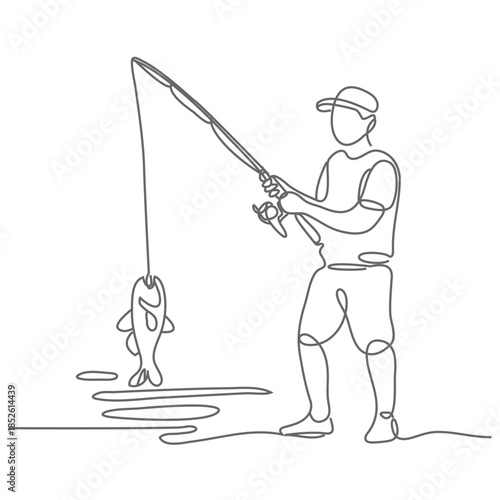 Fishing hand drawn outline doodle icon. Man fishing with rod vector sketch illustration.