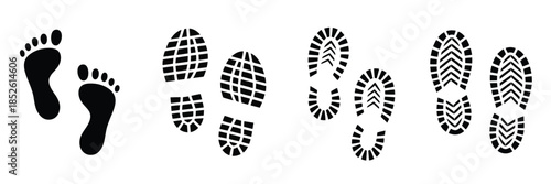 Footprint silhouettes collection featuring human and baby footprints, versatile walking patterns, step trails, footprint icons, and vector illustrations for family, childcare, and activity design