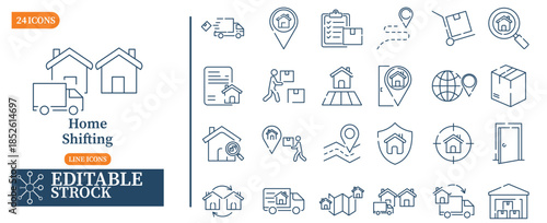 Home Shifting and Relocation Line Icons Set – Editable Stroke Vector Icons for Moving Services, Delivery, Logistics and Real Estate