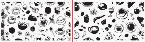 cute food pattern clipart, abstract food doodles, cartoon snack shapes, hand drawn food textures, playful food illustration, black white food clipart, printable food patterns, kitchen surface design, 