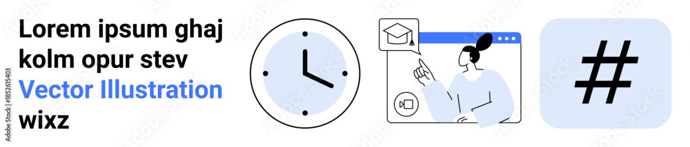 Fototapeta premium Clock symbolizing time efficiency, person interacting with online learning tools, and a metadata tag for digital trends. Ideal for time optimization, e-learning, technology, productivity, social