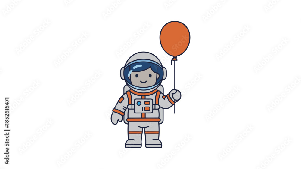 Obraz premium Cartoon astronaut in white and orange space suit holding red balloon smiling