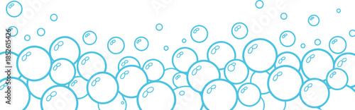 A cascade of blue outlined bubbles floating upwards against a white water soap