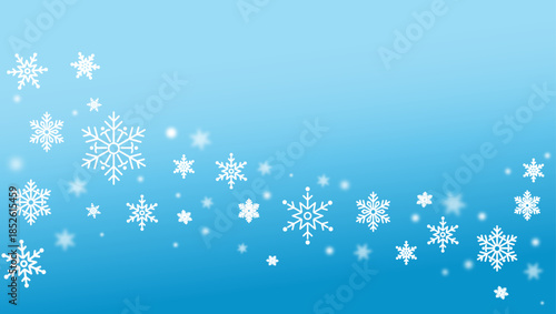 A serene, magical winter scene with white snowflakes drifting across a smooth blue gradient. 